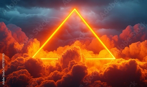Fototapeta Trendy Background Design. Cloud Formation with Orange and Yellow, Triangle shaped Neon Frame.