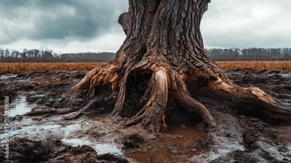 Fototapeta Old tree roots exposed in muddy field under a cloudy sky.