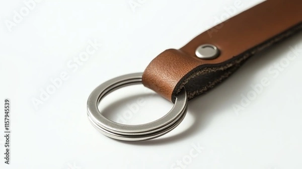 Fototapeta Brown leather keychain strap with metal ring on a white isolated background.