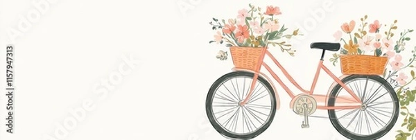 Fototapeta Vintage bicycle with flowers in a basket against a light backdrop ready for spring decorations and creative designs. Generative AI