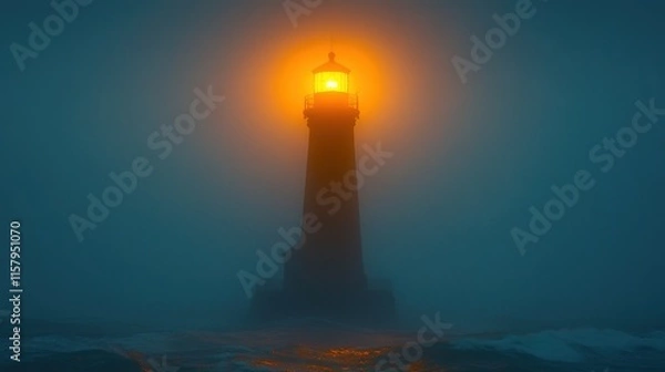 Obraz A lighthouse emits a warm glow through thick fog, guiding ships safely at sea.