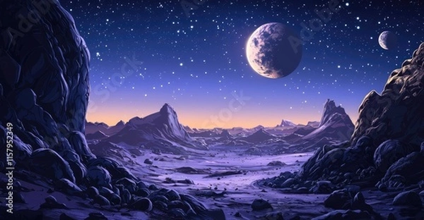 Fototapeta Nighttime Landscape with Mountains, a Moon, and Stars