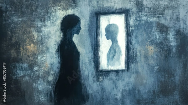 Obraz Woman facing her reflection in a window, exploring identity and self discovery