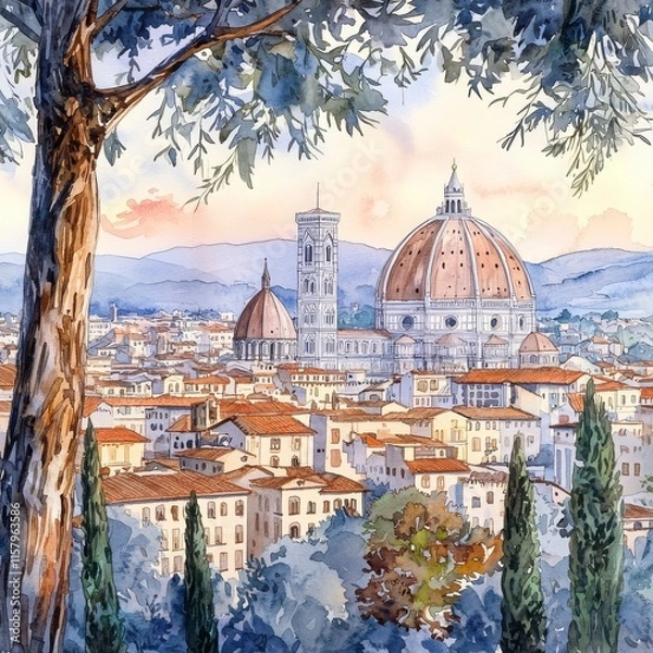 Fototapeta Scenic View of Florence with Cathedral and Tuscan Landscape