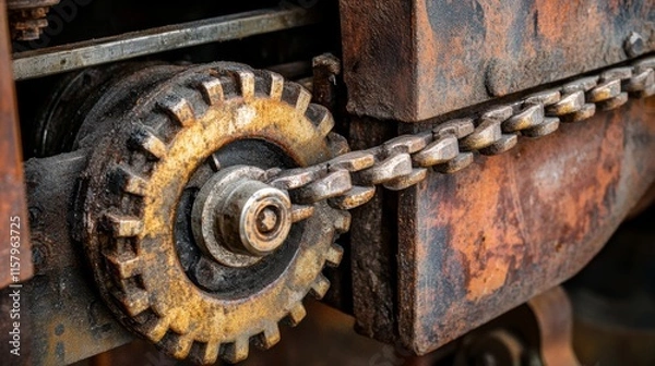 Fototapeta Close-Up of Rusty Industrial Gears and Chains Highlighting the Aging Mechanisms in a Vintage Machine for Mechanical Engineering or Industrial Photography