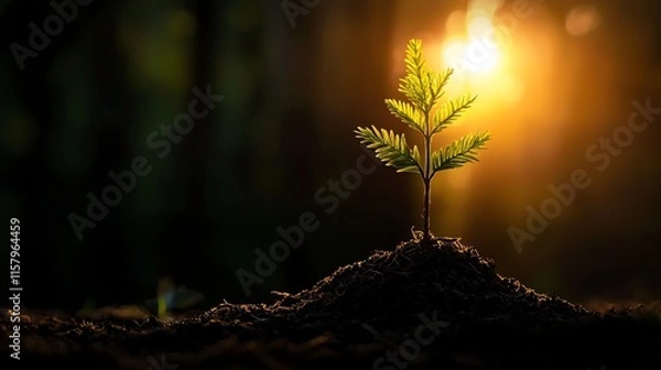 Fototapeta Sunrise illuminates a small seedling emerging from dark soil.