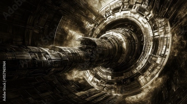 Obraz Enigmatic Sci-Fi Interstellar Structure with Complex Geometric Designs Surrounded by Cosmic Elements and Dark Energy in a Futuristic Universe