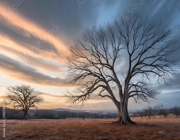 Fototapeta Bare Tree Stands Tall Against Sunset Sky