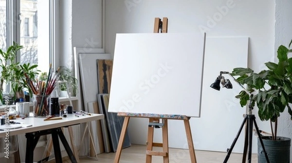 Fototapeta A blank white canvas displayed on an easel in a bright art studio