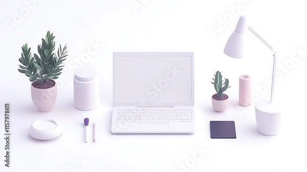 Fototapeta modern workspace featuring white laptop, desk lamp, and potted plants, creating serene and organized environment