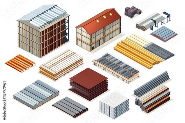 Fototapeta Isometric illustration of various building materials and structures.
