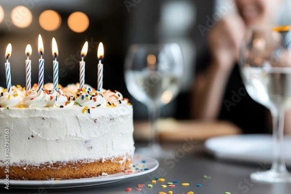 Obraz A beautifully decorated birthday cake with lit candles, sprinkles, and glasses of wine, set in an elegant and intimate setting awaiting a celebration.
