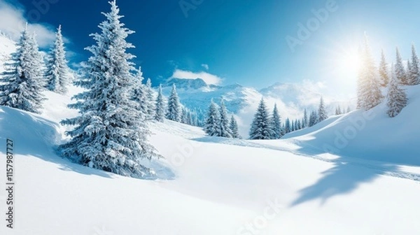 Fototapeta A stunning winter wonderland where sparkling frozen trees stand tall, their crystal-coated branches shimmering in the soft, wintry sunlight.