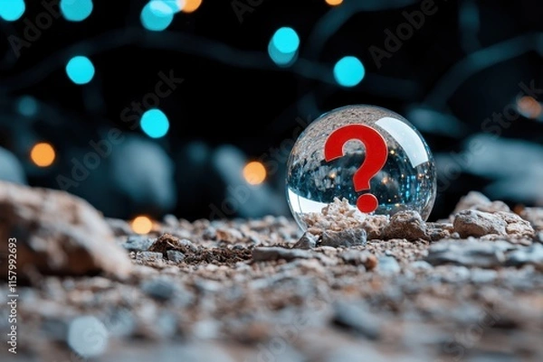 Fototapeta A clear glass globe with a vivid red question mark sits on a rocky surface outdoors, symbolizing curiosity and the quest for answers in natural surroundings.