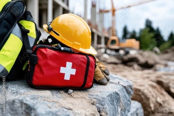 Obraz A red first aid kit and a yellow hard hat laying on rocks at a construction site, symbolizing safety and preparedness in a busy work environment outdoors.
