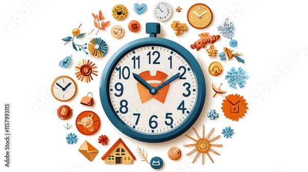 Fototapeta Colorful clock surrounded by various icons representing time, nature, and communication, creating vibrant and engaging design