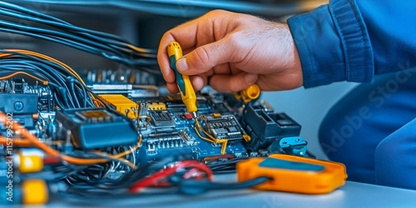 Obraz Technician Repairing Circuit Board, Expertly Diagnosing and Fixing Complex Electronics with Precision Tools and Diligent Attention to Detail.