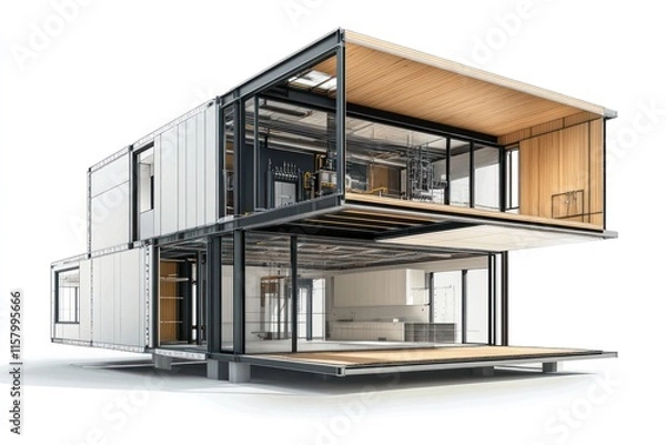Fototapeta Exploded view of a modern two-story shipping container home.