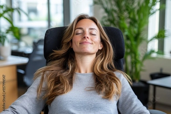 Obraz A relaxed woman with closed eyes leans back in a comfortable office chair, showcasing the bliss of taking a moment of peace and tranquility in a busy workplace.