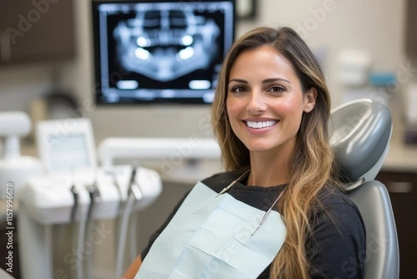 Obraz A young woman smiles confidently while sitting in a dental chair, with dental instruments and a bright, clear X-ray visible in the background.
