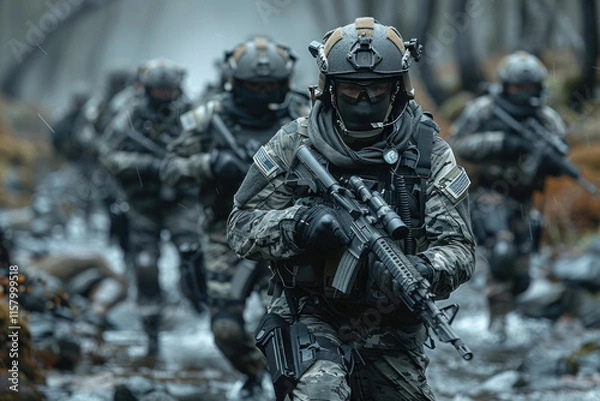 Fototapeta combat soldiers of an elite counter-terrorism unit return to base after a raid.,.     