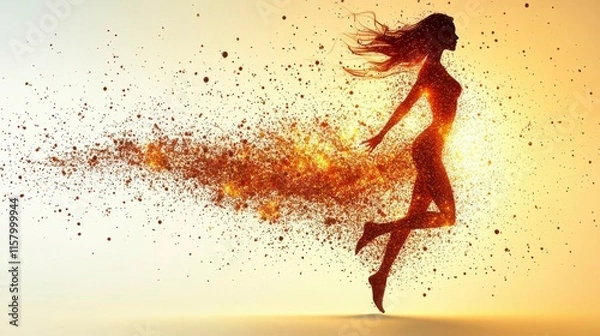 Fototapeta A silhouette of a woman disintegrating into particles, her form slowly fading away, creating a surreal and abstract visual of fragility and transformation in a beautiful and melancholic scene.