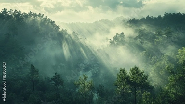 Fototapeta Mysterious mist rising over lush forest landscape nature photography serene environment aerial view ethereal concept
