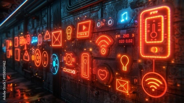 Fototapeta Craft a neon display of smart home symbols, featuring shining