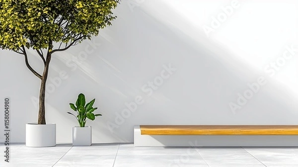 Fototapeta Modern Minimalist Interior with Tree and Plants in Bright Space