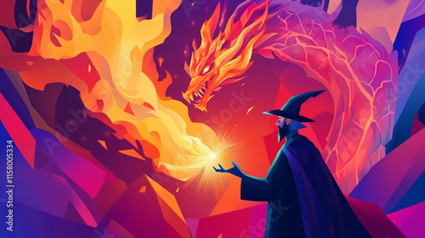 Obraz Dynamic flat-style illustrations of a wizard summoning a fiery dragon in a magical fantasy world