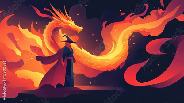 Obraz Dynamic flat-style illustrations of a wizard summoning a fiery dragon in a magical fantasy world