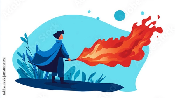 Obraz Minimalist flat-style illustrations of a wizard controlling fire and water in a fantasy setting