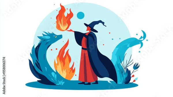 Obraz Minimalist flat-style illustrations of a wizard controlling fire and water in a fantasy setting