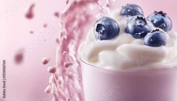 Fototapeta Blueberry Milkshake Mockup with Milk Splashing Around Fresh Berries on Soft Pink Background