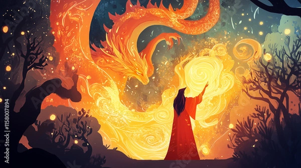 Obraz Fairy-tale illustrations of a wizard summoning a fiery dragon in a magical setting