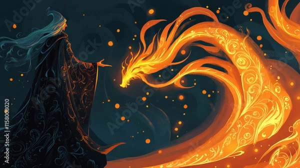 Obraz Fairy-tale illustrations of a wizard summoning a fiery dragon in a magical setting