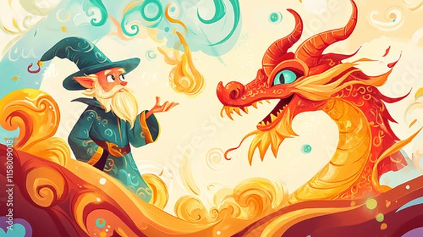 Obraz Children’s book illustrations of a wizard and a friendly dragon in a magical adventure