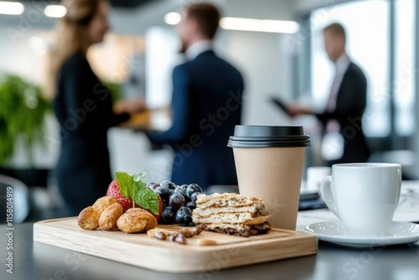 Obraz Morning gathering with refreshments in a modern office setting featuring light snacks and beverages