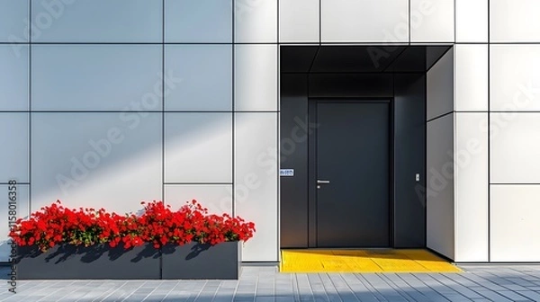 Fototapeta Contemporary building entrance featuring white walls, black metal door, and accessibility ramp with safety features, complemented by bright red flower pot and clear architectural elements.