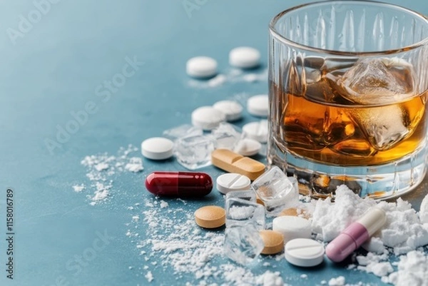 Obraz Exploring the dark intersection of alcohol and pharmaceuticals in a stark still life composition