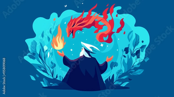 Obraz Flat Style Minimalist Wizard Summoning Fiery Dragons in Vibrant Scenes