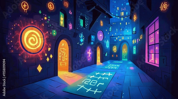 Obraz Mystical Fantasy Illustrations with Neon Glowing Symbols in Whimsical Worlds