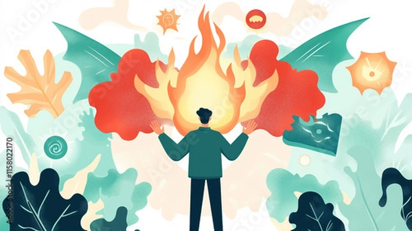 Obraz Flat Style Illustrations of Wizards Summoning Fire and Magic in Vibrant Abstract Designs