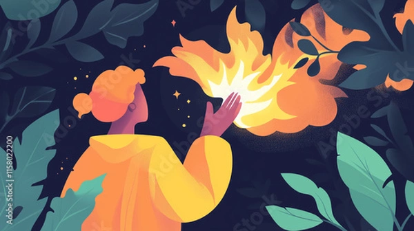 Obraz Flat Illustration of a Woman Casting a Magical Flame in a Mystical Forest