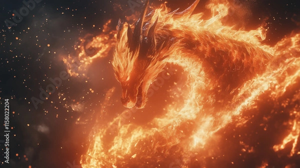 Obraz Realistic Concept Art of a Fiery Dragon Emerging in a Blazing Scene