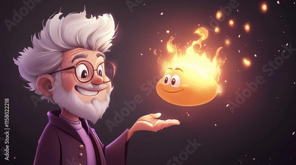Obraz Cartoon-Style Wizard Holding a Smiling Flame in a Whimsical Fantasy Setting