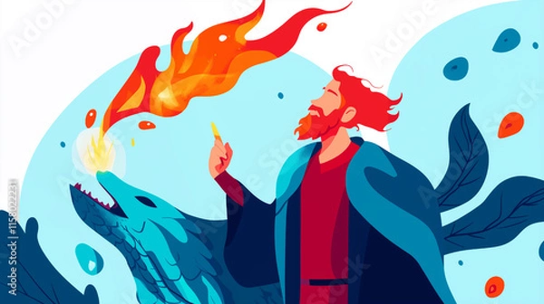 Obraz Flat Style Illustration of a Bearded Wizard Casting Fire Over a Serpentine Dragon