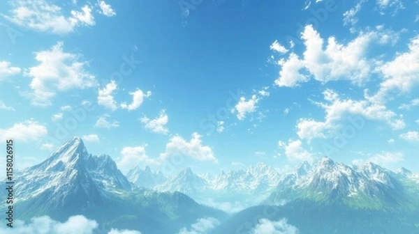 Fototapeta Majestic mountain peaks under a bright blue sky with fluffy clouds and ample copy space for text. Generative AI