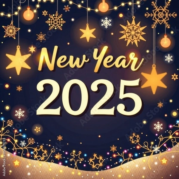 Fototapeta Golden "Happy New Year 2025" written across a mystical dark blue sky, sprinkled with delicate snowflakes and festive Christmas ornaments, setting the tone for a sparkling start to the year!