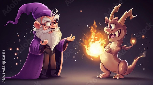 Obraz Cartoon-Style Illustration of a Friendly Wizard and a Playful Baby Dragon with Glowing Flames